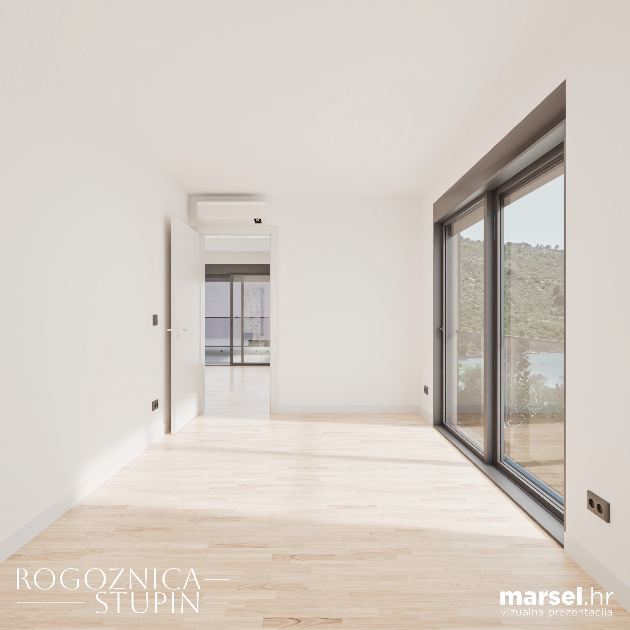 Vizualizacija interijera apartmana u novogradnji Rogoznica Stupin. Prostrani i svijetli unutarnji prostori s pogledom na more, idealni za stanovanje ili investiranje u apartman na dalmatinskoj obali.